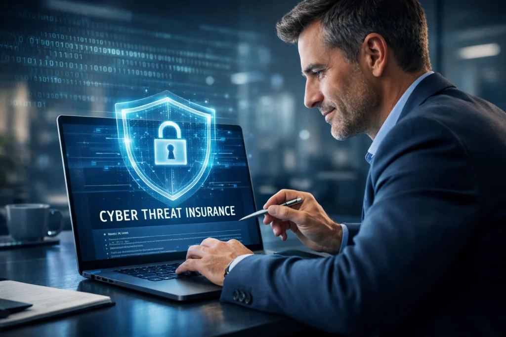 IT manager confronting ransomware attack in a manufacturing facility, illustrating downtime, data encryption, and the role of Cyber Threat Insurance in covering losses.