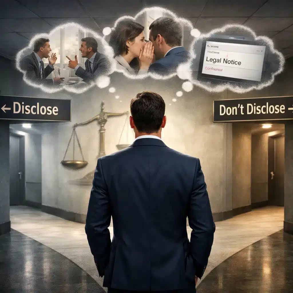 Realistic 8K image of a professional at a decision point between disclosing or not disclosing, symbolizing how broadly Warranty Statement questions are interpreted by insurers under the foreseeability standard.