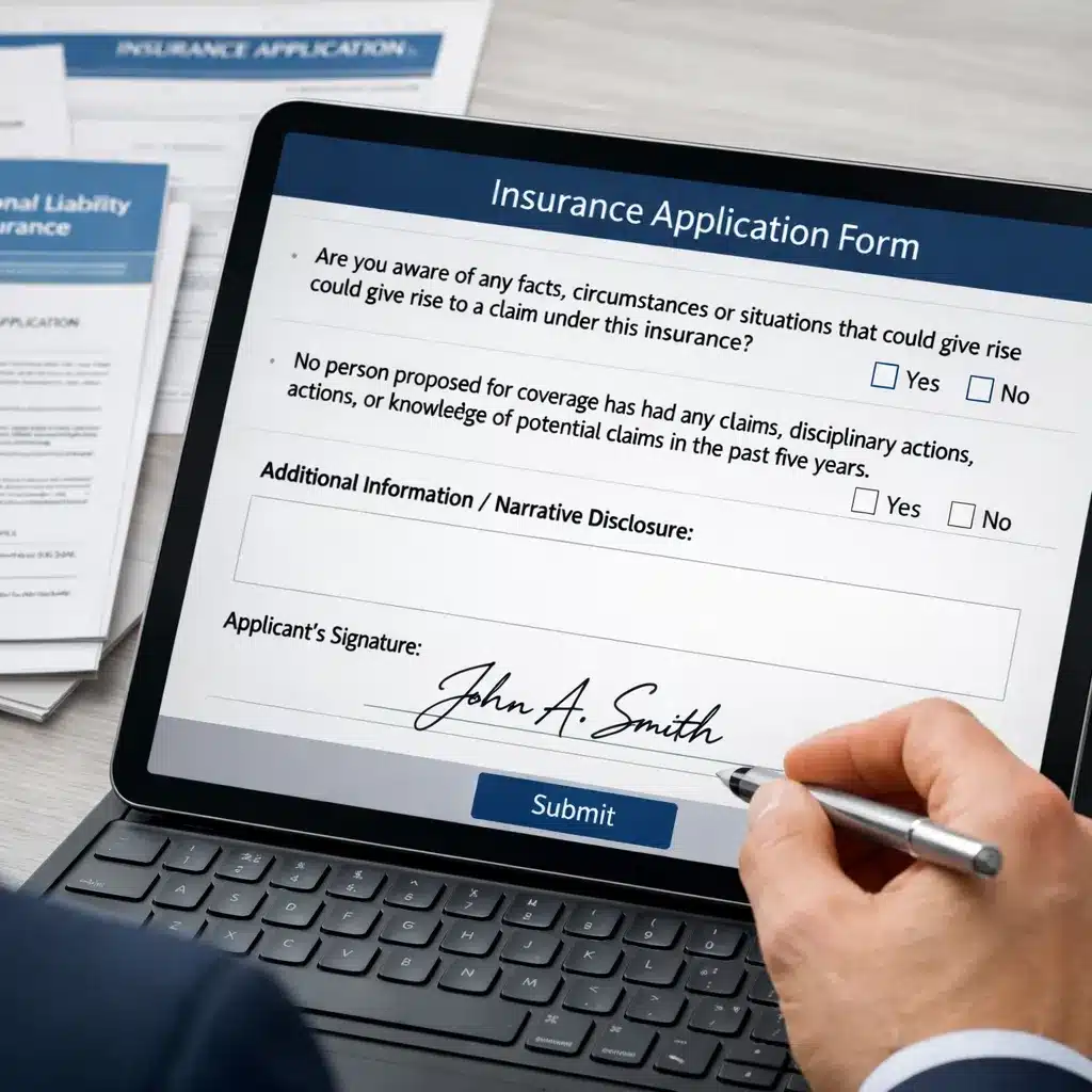 Realistic 8K image of a digital insurance application showing typical Warranty Statement wording, with checkboxes, signature fields, and disclosure text used by insurers during underwriting.