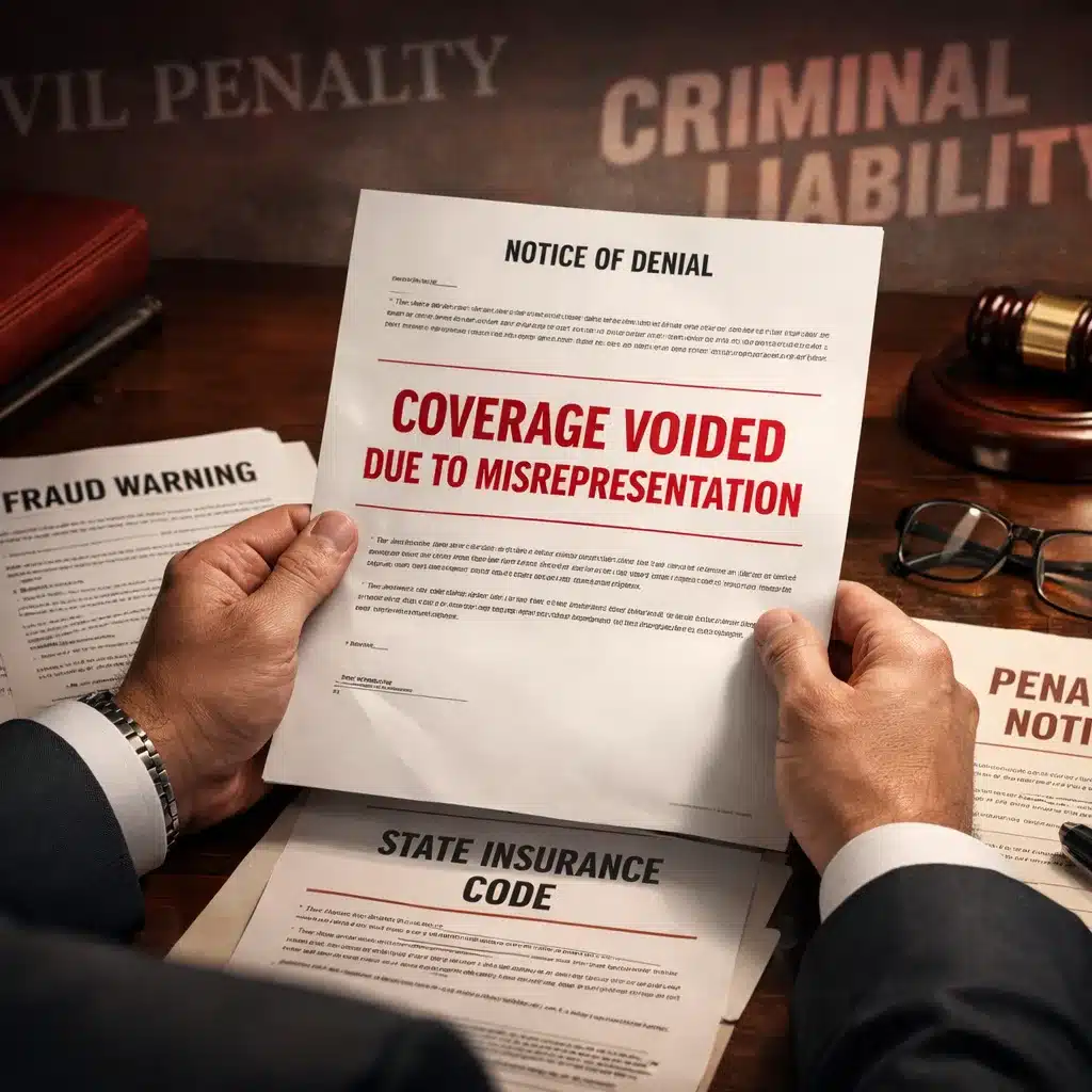 Realistic 8K image of a professional reviewing a notice of voided insurance coverage, surrounded by documents citing fraud warnings and legal penalties tied to nondisclosure on a Warranty Statement.
