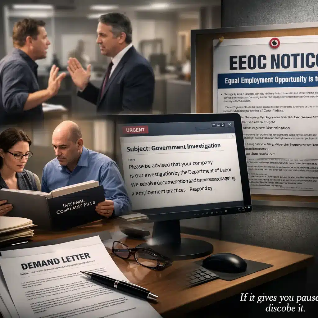 Realistic 8K office scene showing workplace scenarios that should be disclosed in a Warranty Statement, including employee complaints, HR disputes, demand letters, government inquiries, and EEOC notices.