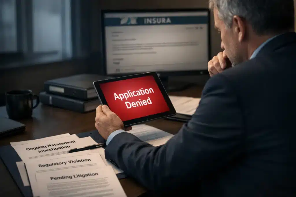 Realistic 8K image of a professional receiving a coverage declination letter due to high-risk disclosures in a Warranty Statement, with surrounding documents referencing harassment investigations and regulatory issues.