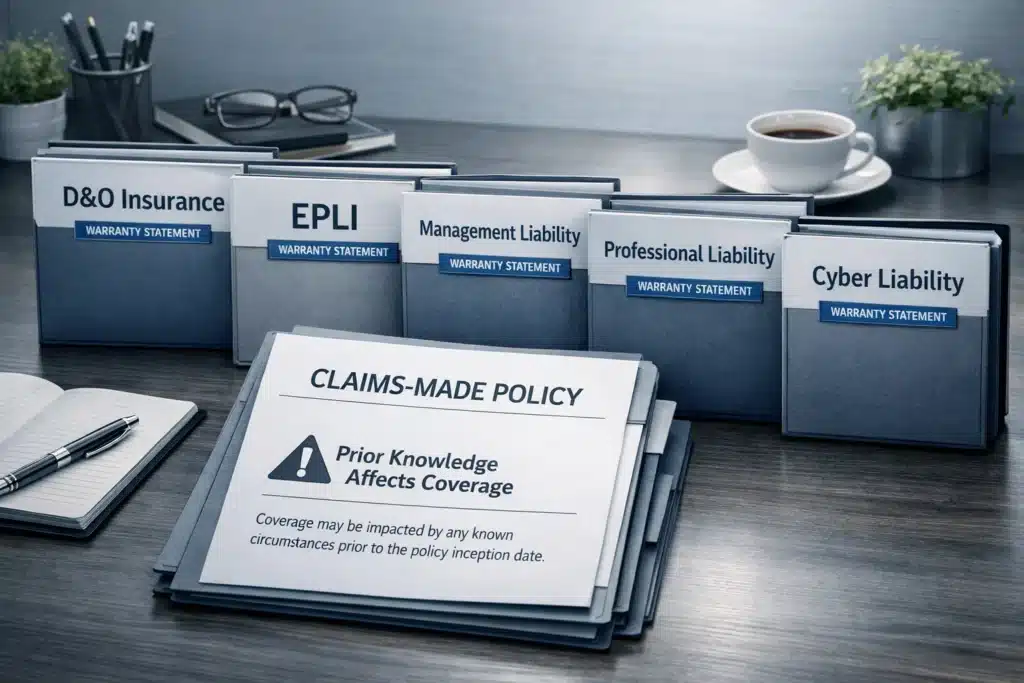 Photorealistic 8K image of insurance policy folders labeled D&O, EPLI, Management Liability, Professional Liability, and Cyber Liability, each featuring a Warranty Statement tag, representing policies where a Warranty Statement is commonly included.
