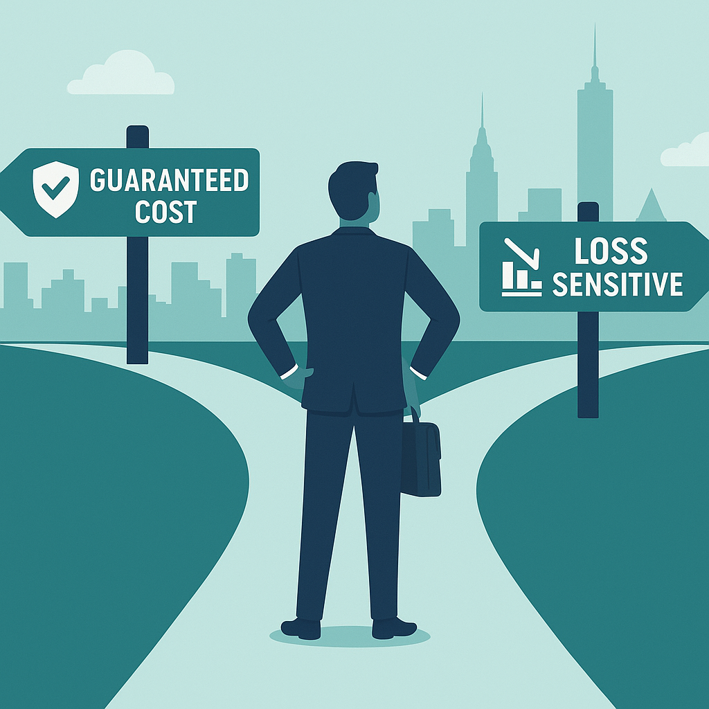 Business owner choosing between two paths marked Guaranteed Cost and Loss Sensitive against a New York skyline