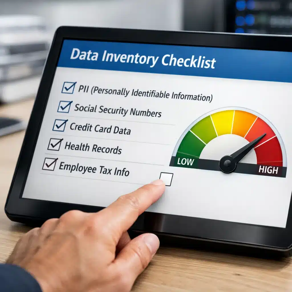 Professional reviewing a digital data inventory checklist that affects cyber risk levels, an essential step in deciding how much cyber insurance should I buy.