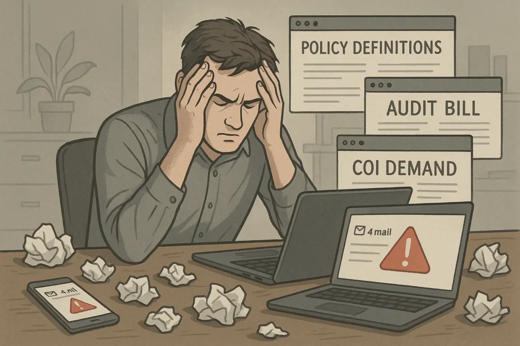 Business professional overwhelmed by multiple insurance tasks – Help with Business Insurance Problems