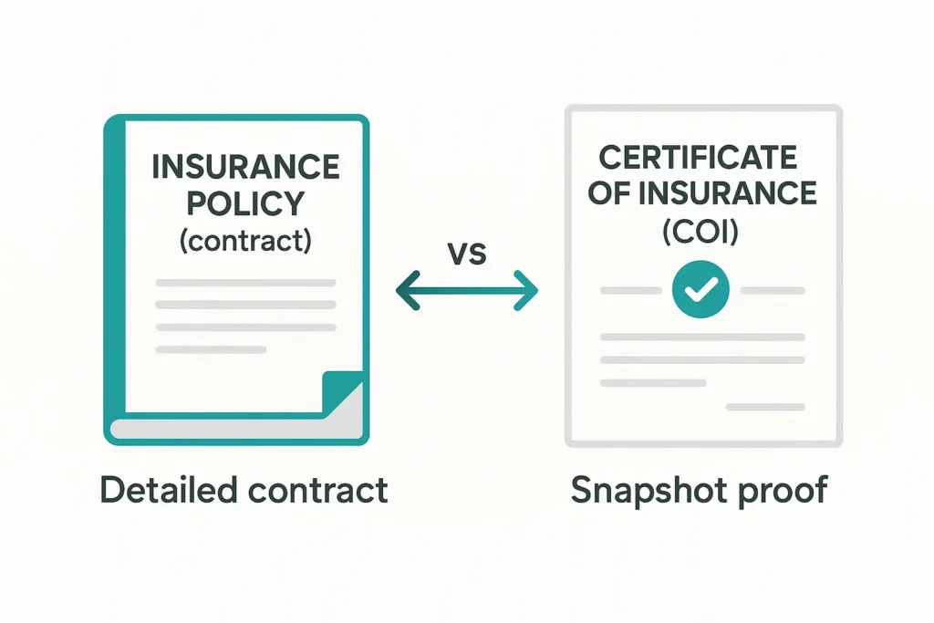 Infographic comparing an insurance policy contract and a Certificate of Insurance (COI) showing the difference between full policy and certificate.