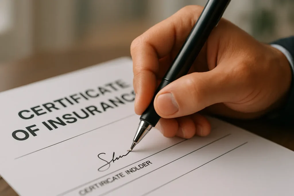 Business hand signing a Certificate of Insurance form to illustrate the process of issuing a COI.