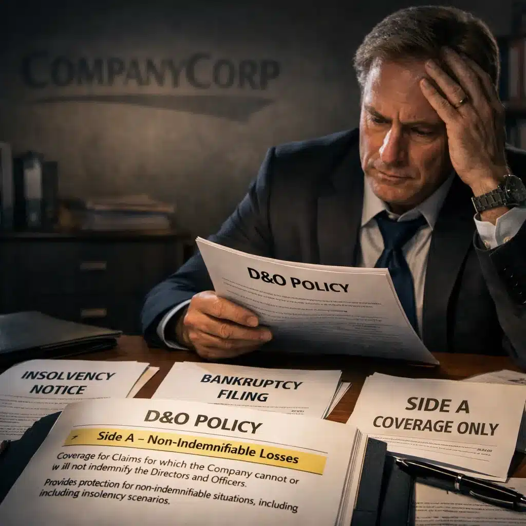 Realistic 8K image of a director reviewing Side A coverage documents during insolvency, highlighting Who is an insured on a D&O policy? when the company can no longer provide indemnification.