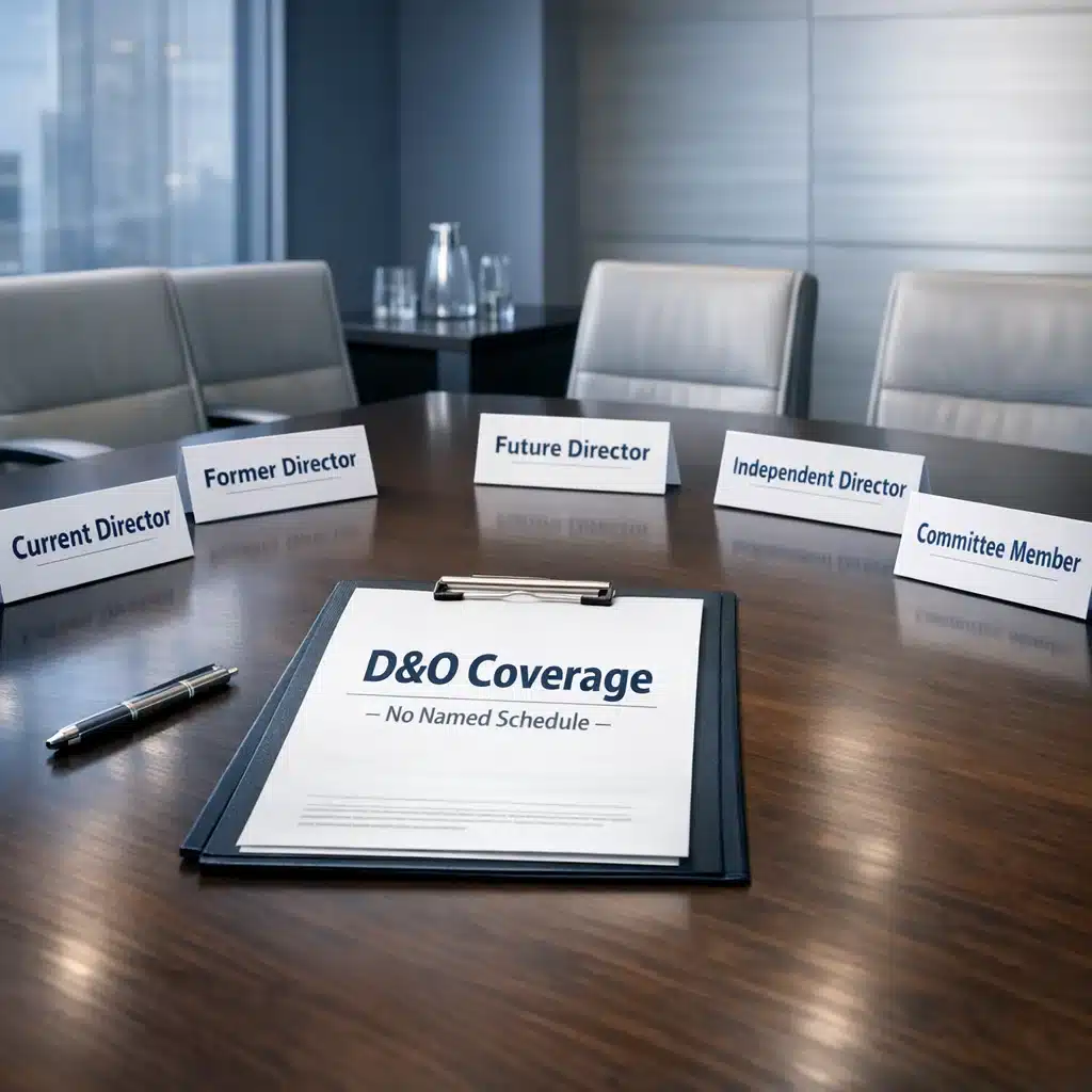Realistic 8K image of a boardroom with seat cards labeled for current, former, and future directors, visualizing Who is an insured on a D&O policy? through automatic role-based inclusion.