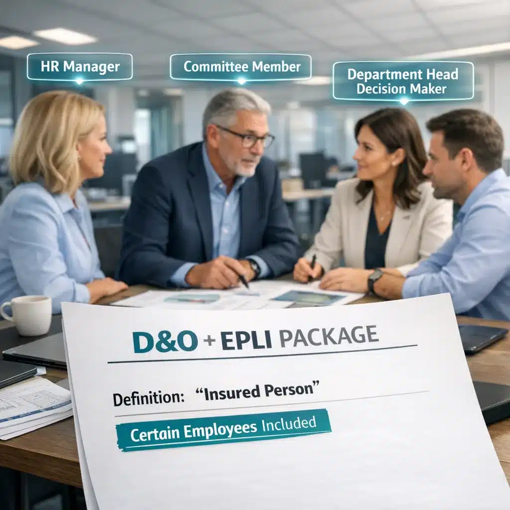 Realistic 8K image showing executives with formal titles and de facto leadership roles, illustrating Who is an insured on a D&O policy? based on function, not just job title.