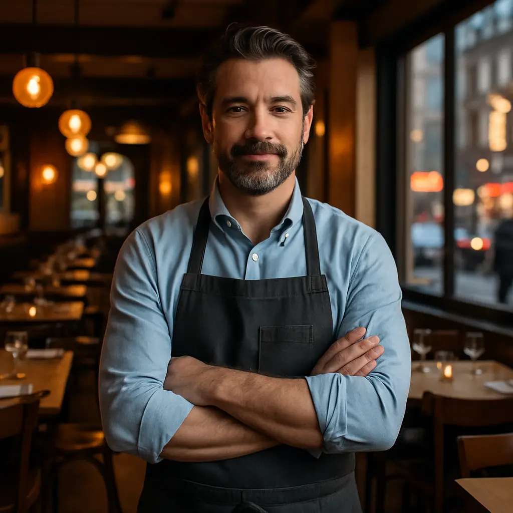 restaurant owner standing proudly inside their insured New York City restaurant.