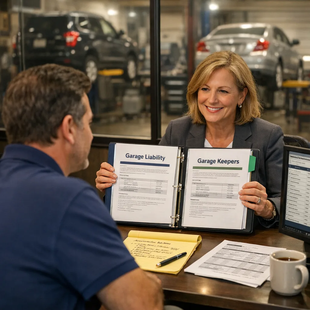 An auto shop owner reviewing garage insurance versus garage keepers insurance documents with a specialist at a service desk with vehicles visible in the repair bay behind them.