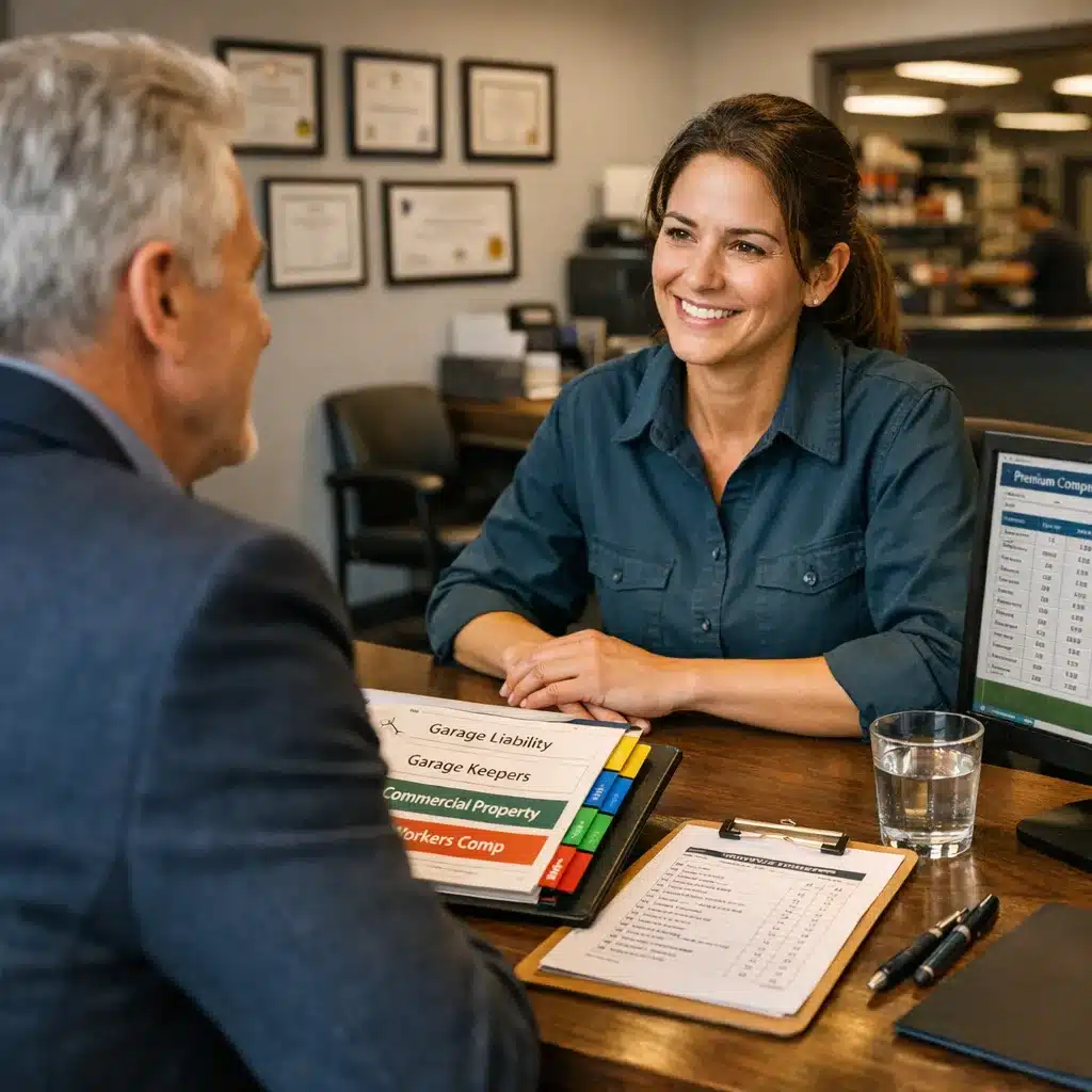 A garage insurance specialist reviewing a complete garage insurance policy program with an auto repair shop owner at a service counter with a repair bay visible in the background.