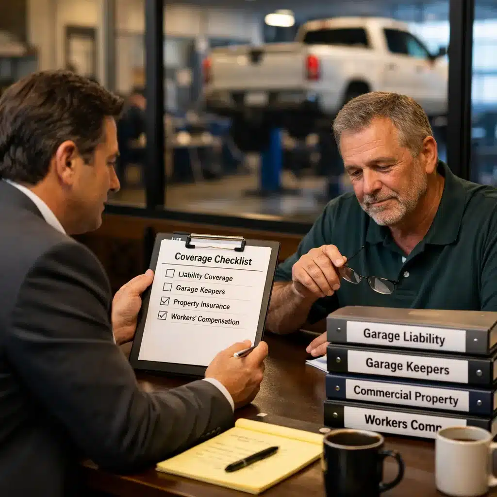 A garage insurance broker reviewing a complete garage insurance coverage checklist with an auto service shop owner in a well-lit auto service center office adjacent to the repair bay.