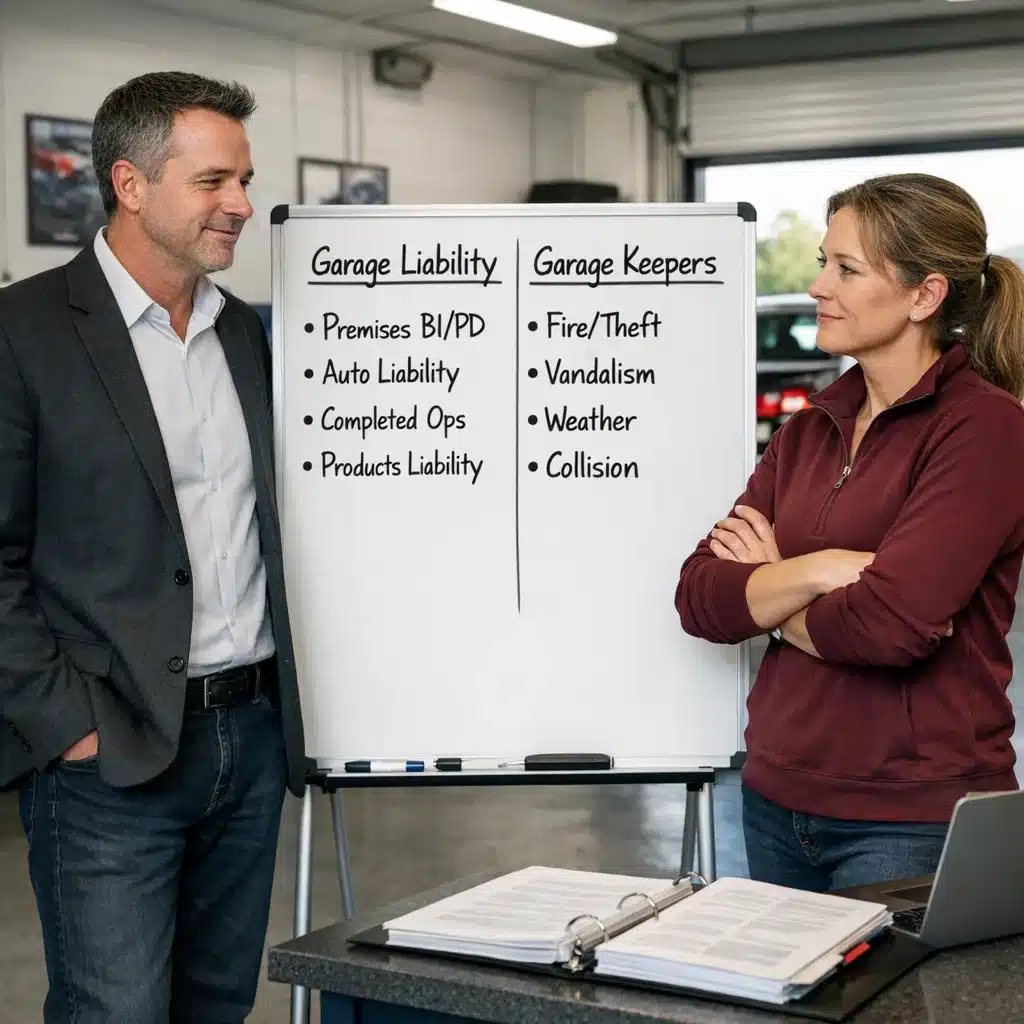 An insurance specialist explaining the difference between garage insurance and garage keepers insurance to an auto service shop owner at a whiteboard in a repair shop.
