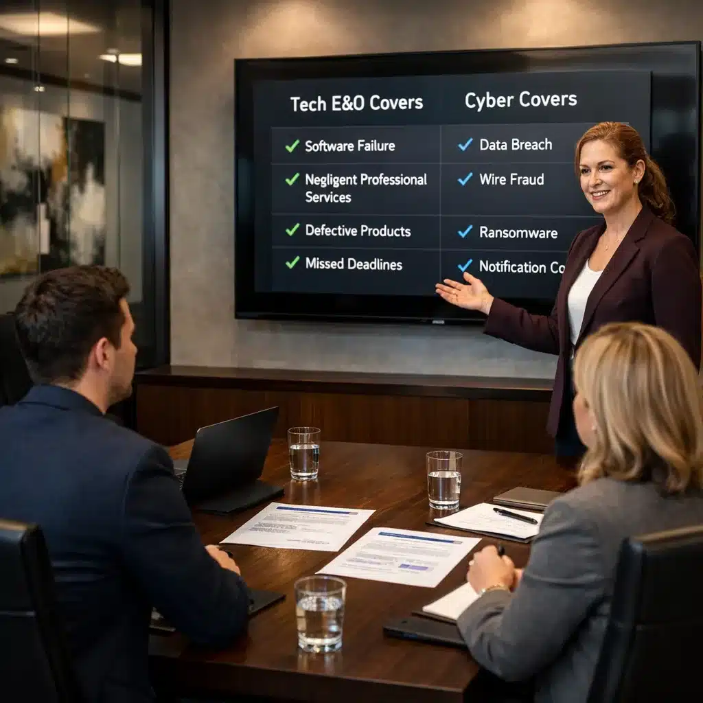 An insurance specialist explaining what tech E&O insurance covers compared to cyber insurance to technology executives at a boardroom table with a coverage comparison diagram on screen.