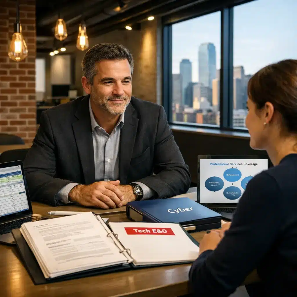 A tech startup CTO reviewing what tech E&O insurance covers with a specialist insurance broker at a modern conference table in a technology company office.