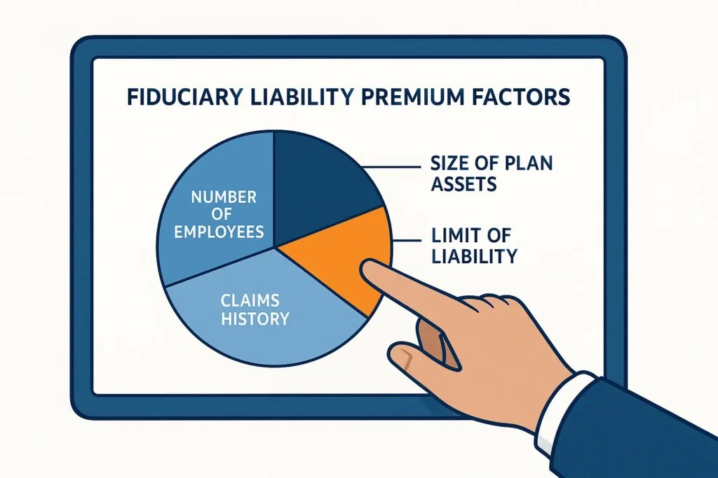 Tablet displaying chart of premium‑factors for fiduciary liability insurance including plan size, employee count, liability limit and claims history.
