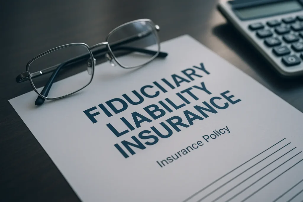 “Printed fiduciary liability insurance policy document with reading glasses and calculator on desk illustrating what fiduciary liability insurance is.”