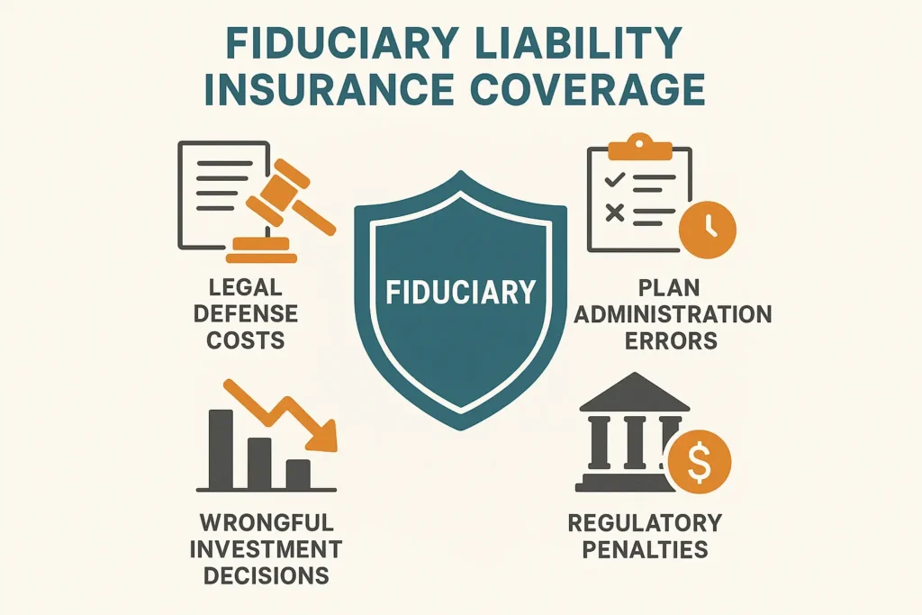 Infographic highlighting coverage components of fiduciary liability insurance: defence costs, errors in plan administration, investment mistakes and regulatory fines.”