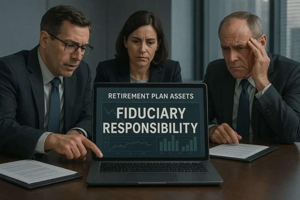 Business trustees reviewing retirement plan assets in boardroom to illustrate fiduciary liability risks under ERISA
