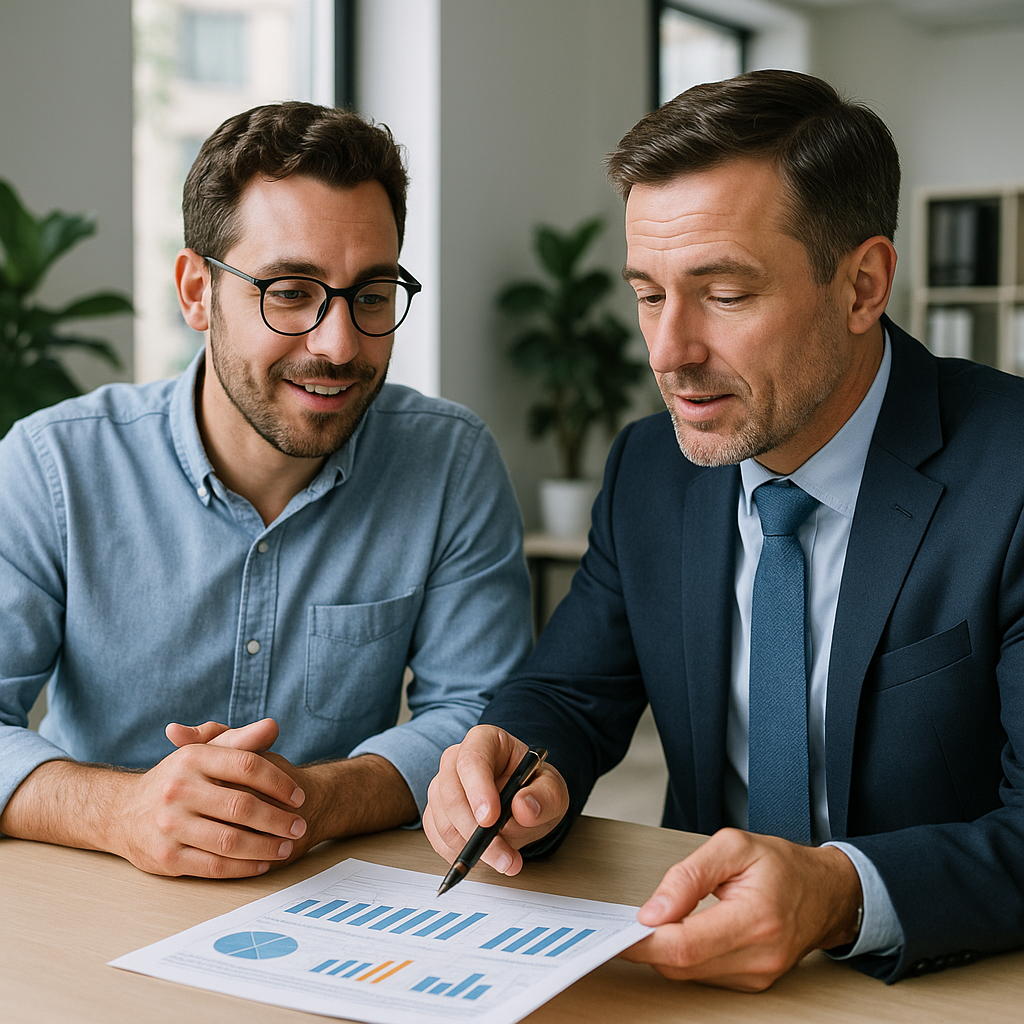 image of an insurance broker explaining liability insurance costs to a business owner at a modern office table.