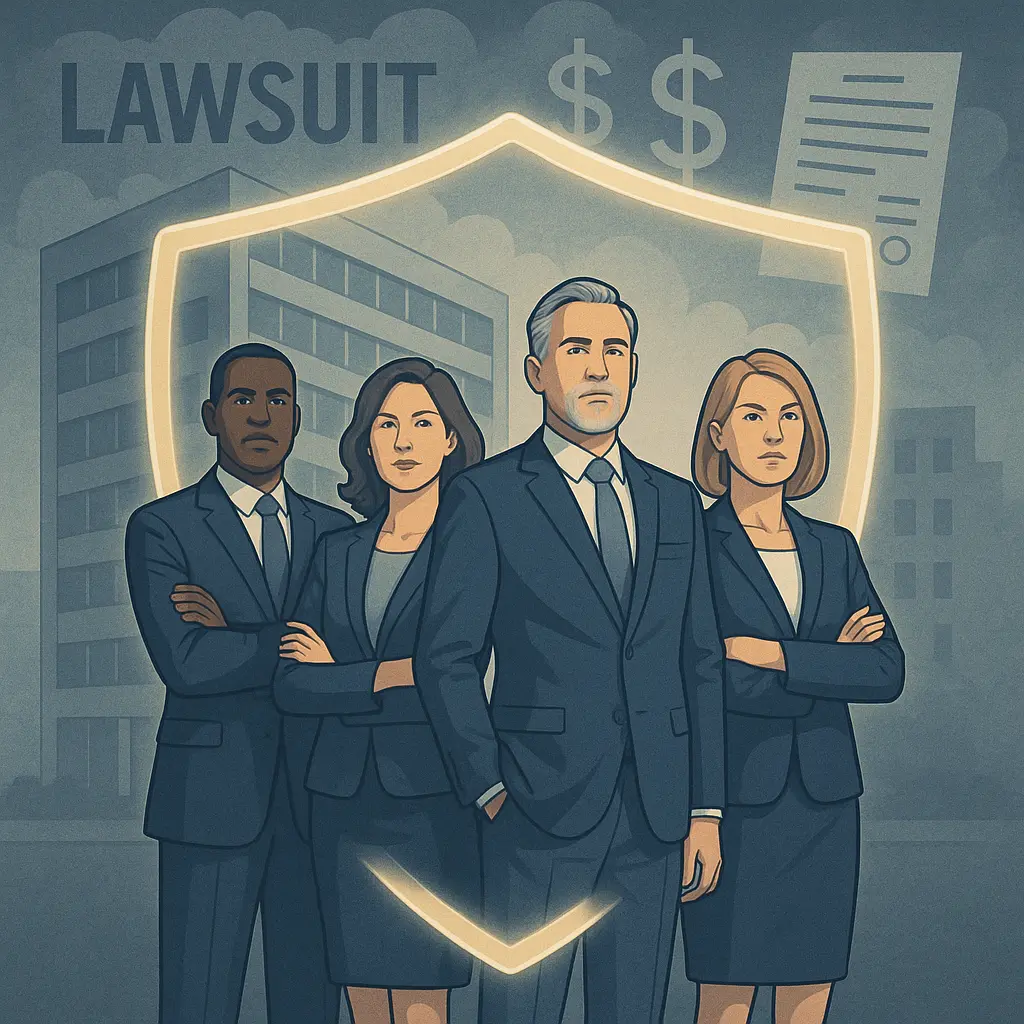 Illustration of diverse mid-sized business leaders standing confidently in front of an office building, shielded from looming legal risks by D&O insurance.