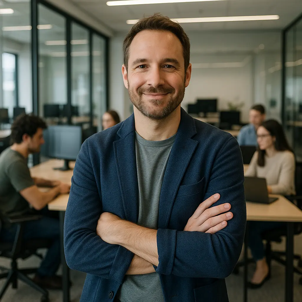 image of a confident tech company founder standing in a modern office with a professional yet approachable look.