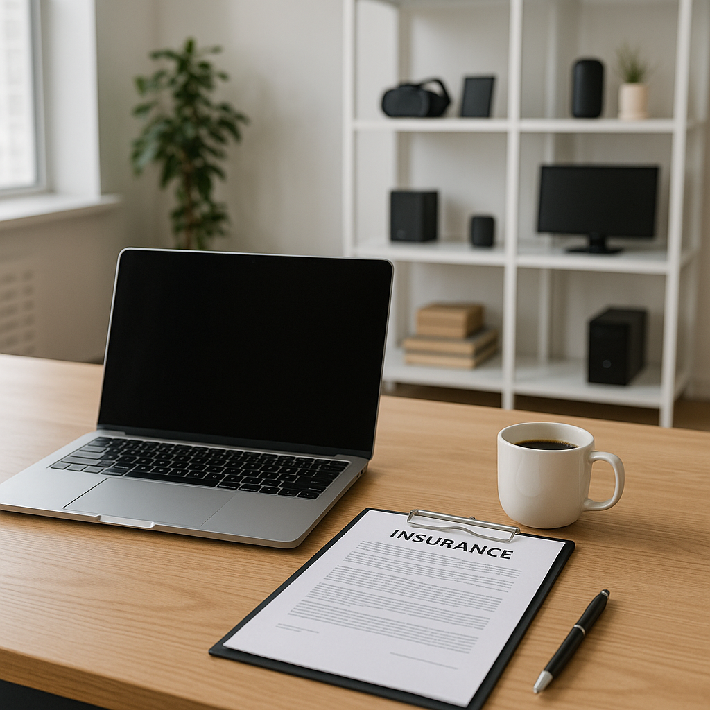image of a modern tech startup office desk with a laptop, insurance documents, and coffee in a bright, professional workspace.