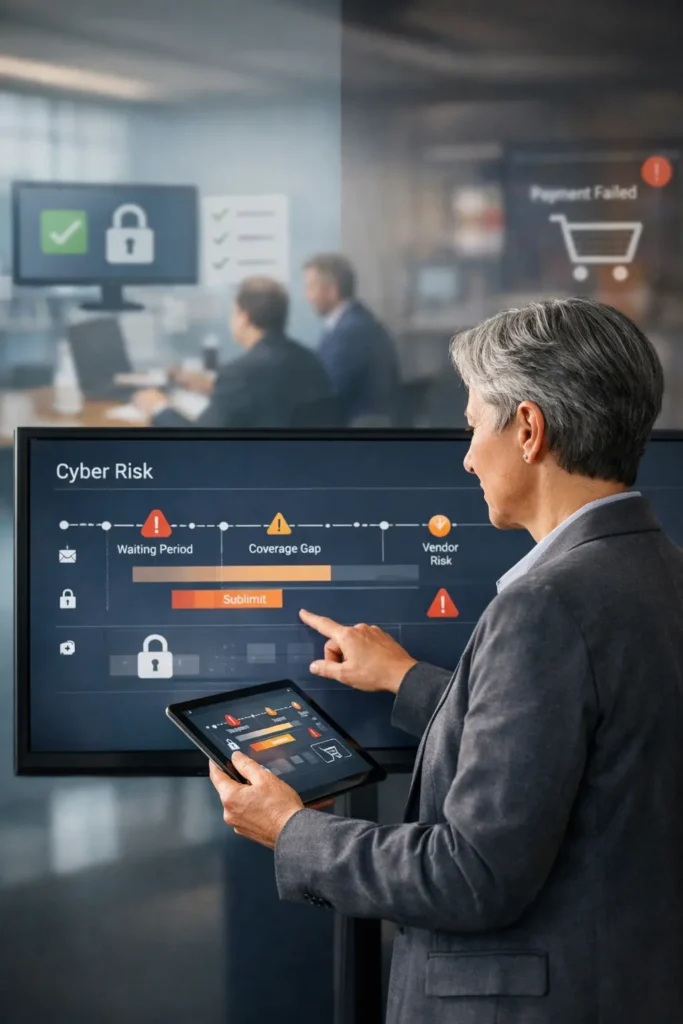 Experienced insurance advisor analyzing coverage gaps in First Party vs Third Party Cyber Insurance to help businesses prevent uncovered losses before a cyber incident