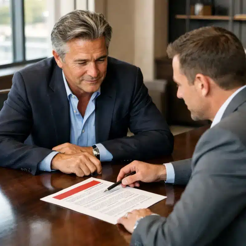 What is crime insurance — a business owner reviewing their commercial crime policy with an insurance specialist.
Title: What Is Crime Insurance