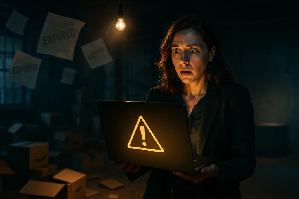 Shocked female CTO in a cluttered warehouse office, holding a laptop with a glowing warning icon amid toppled hardware, illustrating breach fallout tied to tech e&o vs cyber exposure.