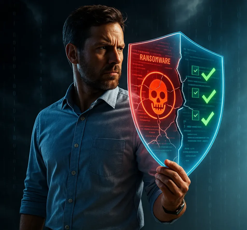 Tech manager clutching a cracked holographic shield with a ransomware skull on one side and secure code on the other, dramatizing the coverage gap in tech e&o vs cyber protection.