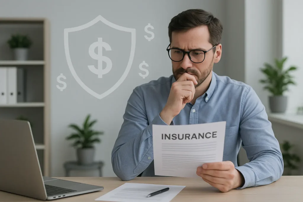 Small business owner reviewing insurance paperwork at office desk with shield and dollar icons symbolizing protection and cost.