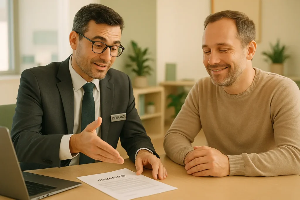 Insurance broker and business owner discussing coverage at an office desk, highlighting strategic reviews and partnership.