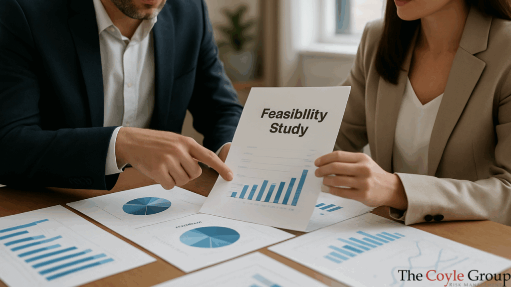 Two colleagues analyzing insurance charts and a feasibility study in a bright office meeting room.