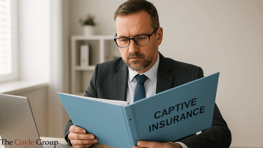 Business professional reviewing a captive insurance binder at a modern office desk with documents and a laptop