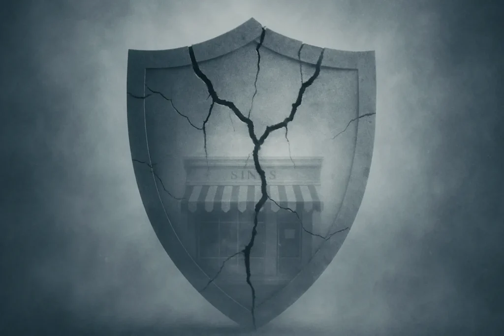 Cracked shield surrounding a small business storefront, representing hidden risks in business insurance coverage