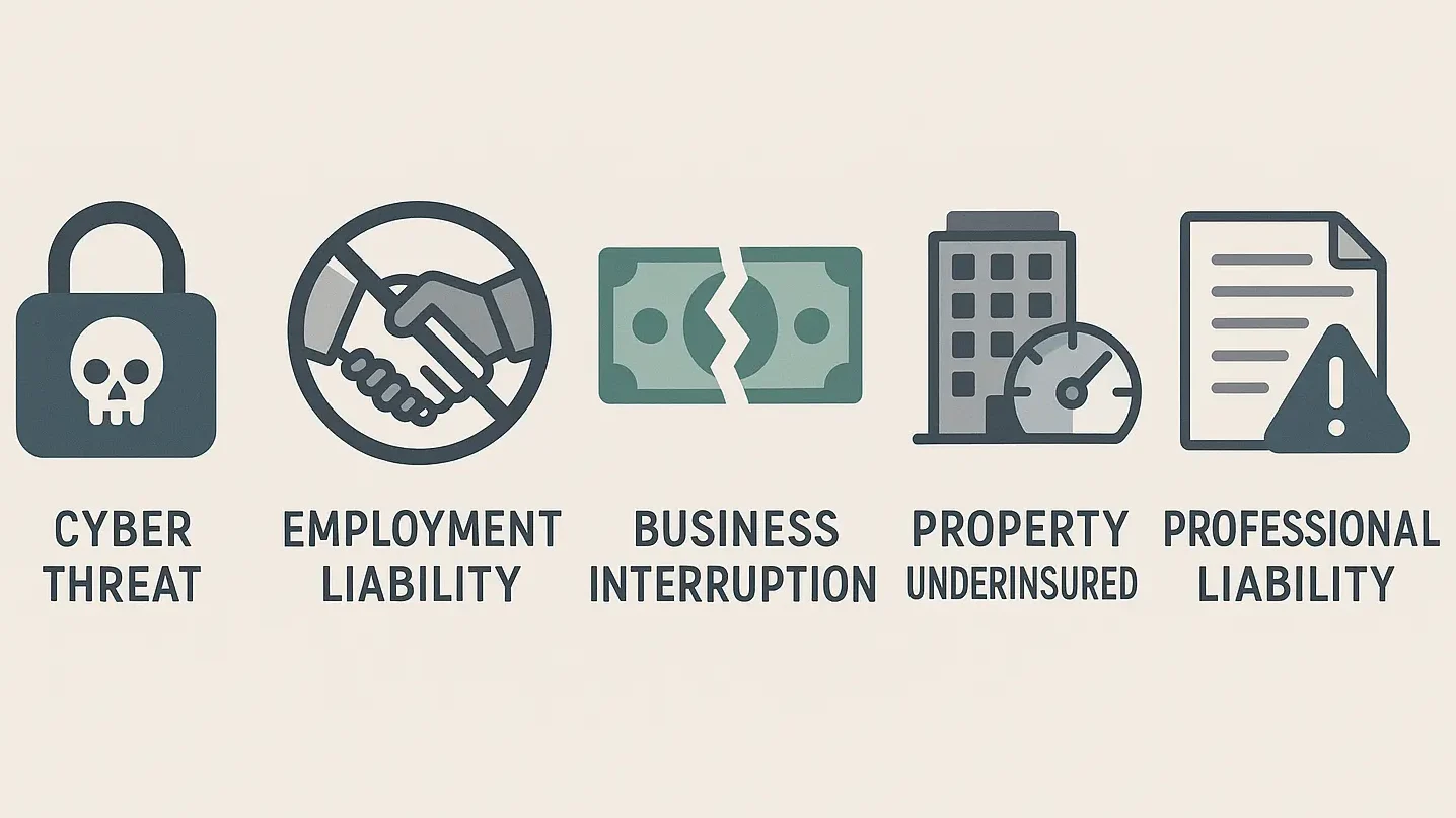 Infographic of five common business insurance coverage gaps: cyber threats, employment liability, business interruption, underinsured property, and professional liability.
