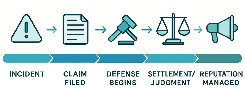 “Five-step flowchart showing the third-party EPLI claims process from incident to reputation management.