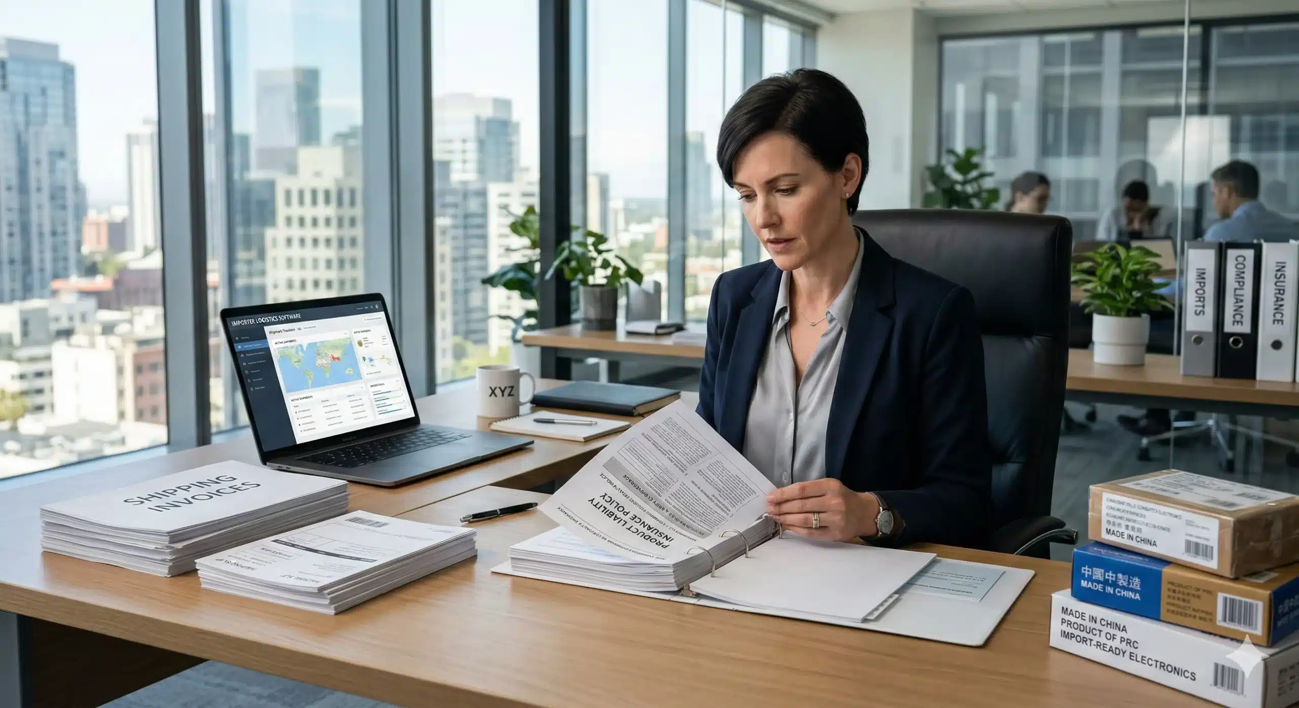 A business owner reviewing import documents and product liability insurance policy for foreign-sourced goods