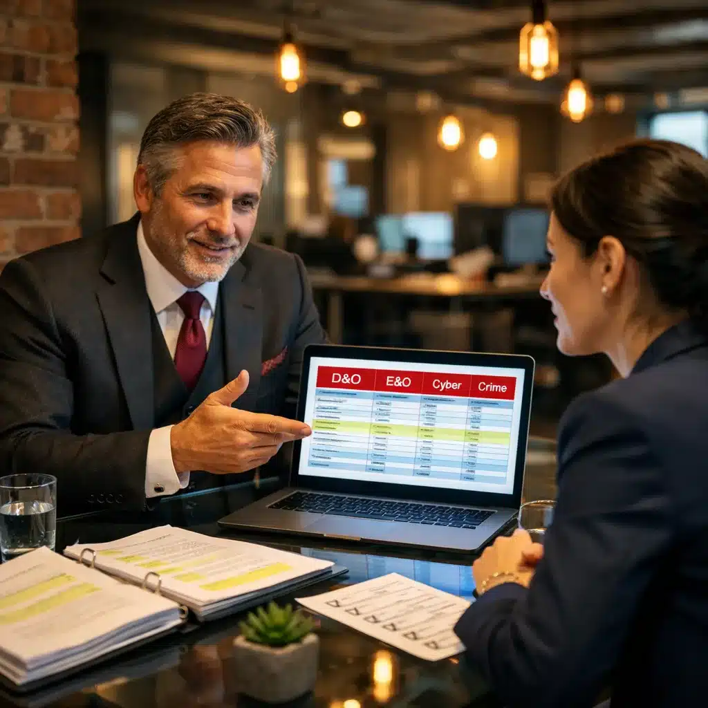 A VC insurance specialist broker reviewing a fund management liability policy on a laptop in a professional office setting, pointing out coverage gaps to a general partner.