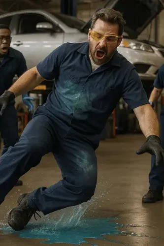 Auto shop workers responding to workplace slip incident on garage floor