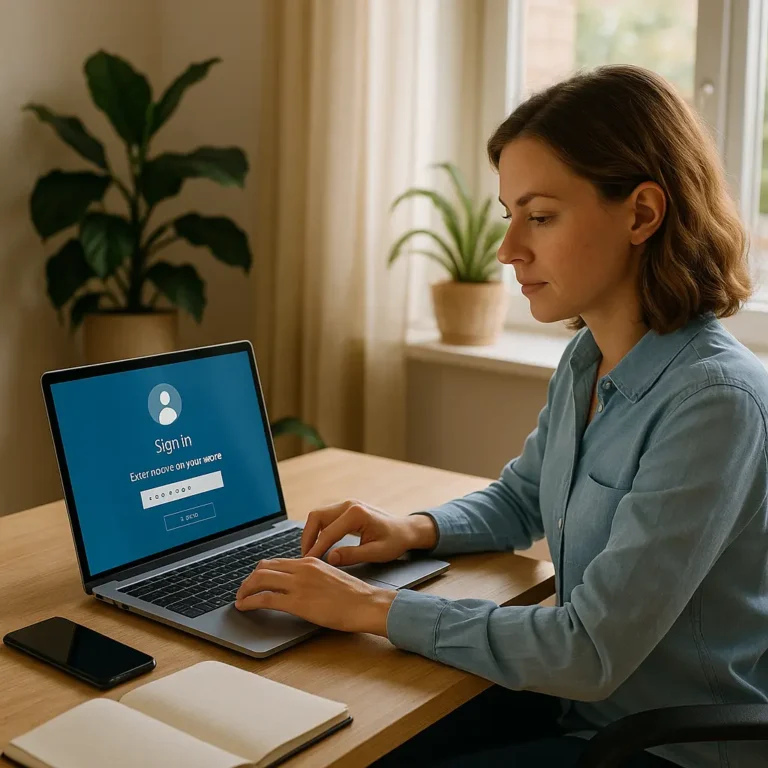 Employee signing into a secure work system at home, illustrating everyday cybersecurity practices supported by cyber insurance.