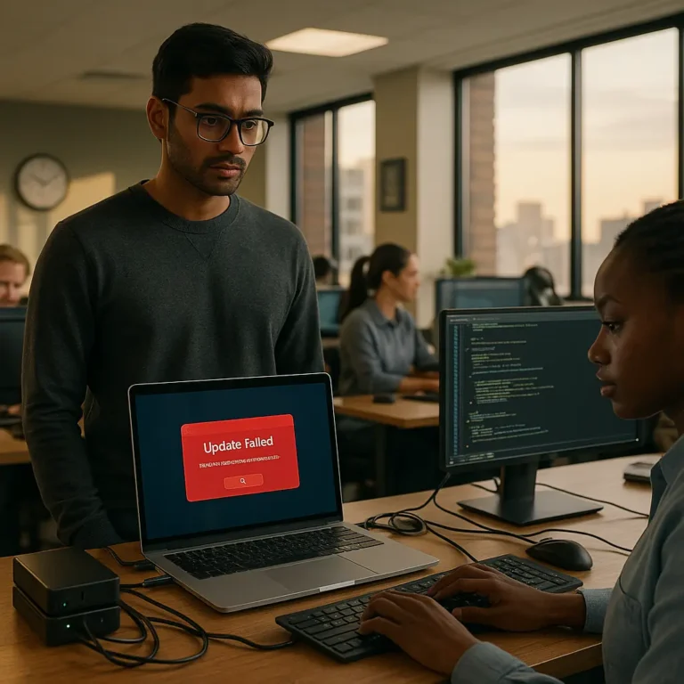 IT staff reviewing a laptop showing an update failure error, highlighting system vulnerabilities that cyber insurance helps protect against.