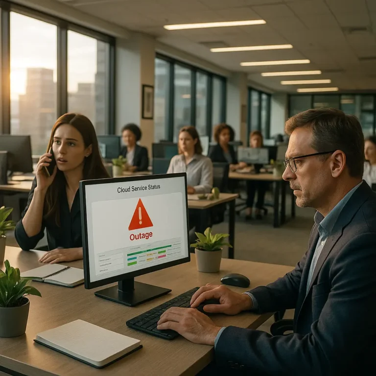 Employees responding to a major cloud service outage in an open office, demonstrating operational disruptions that cyber insurance can help mitigate.