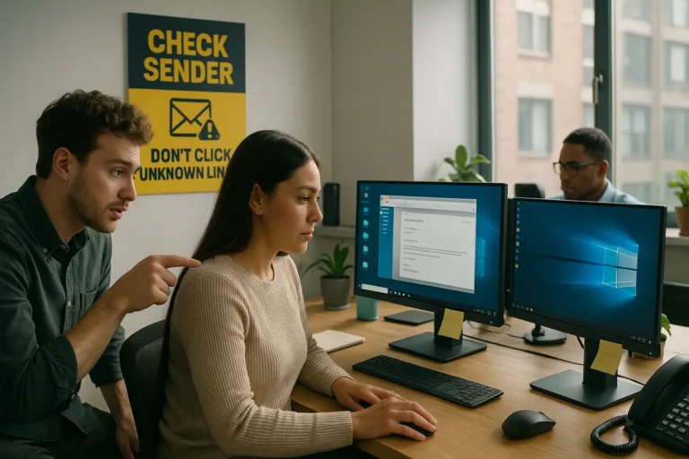 Worker receiving guidance about a suspicious email on her computer, showing how human error and phishing risks relate directly to cyber insurance coverage.
