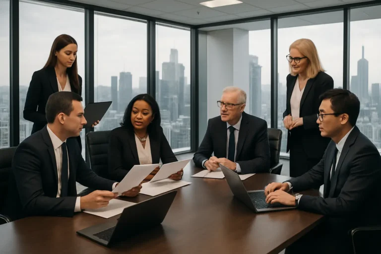 Corporate board members reviewing documents in a conference room, illustrating governance and decision-making risks addressed by Directors and Officers Insurance.