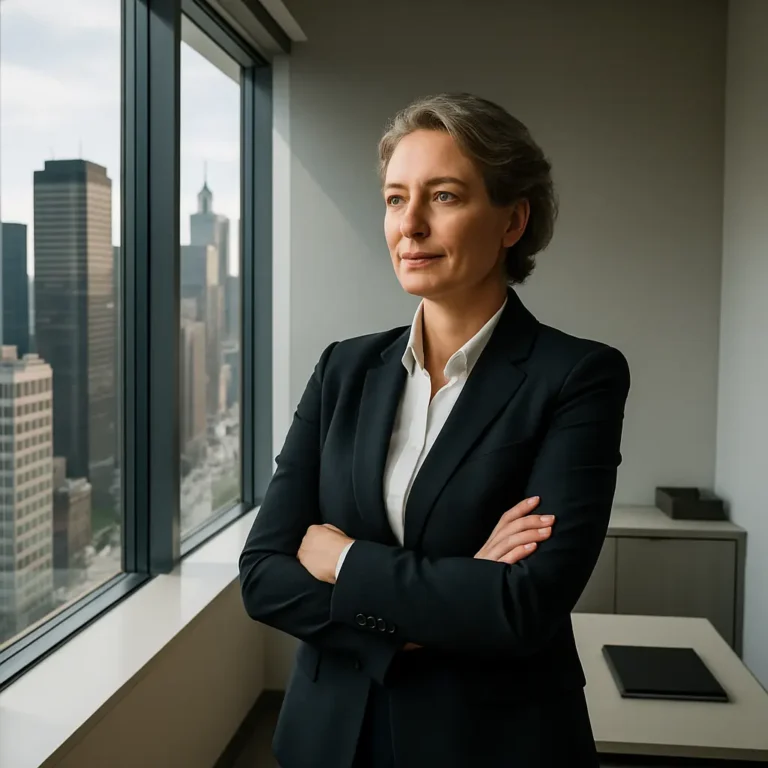 Confident executive standing by a window overlooking the city, representing the personal liability protections provided by Directors and Officers Insurance.